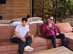 this young brunette got fucked blindfolded next to her dad, cum dripped on him accidentally