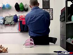 This busty blonde milf turns into a horny thief at the shop. She sucks the security guard's cock in rough hardcore blowjob action from www thiefmilf com.