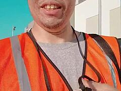 this amsr sfw is walking about during work in public