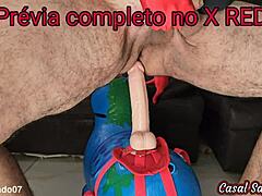 husband bounces on huge dildo