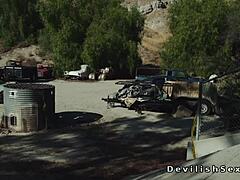 busty asian rides big cock biker in warehouse with sensual banging and oral