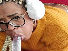 Latina Housewife Flashes Hairy Beaver and Swallows Dildo Deep