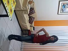 sexy and sweet transsexual in lingerie licking outdoor