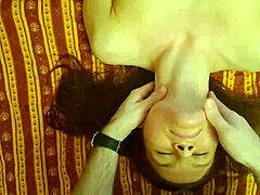 European young skinny brunette couple in bedroom! Tits massage with olive oil, squeezing them bouncy and wet for close-up POV action!