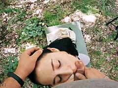 ponytail brunette gets jerked on during forest meditation in pov bts freeuse action. she takes huge facial after face fucking and sucking like a slut.