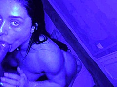 Blowjob and creampie in blue light room with passion