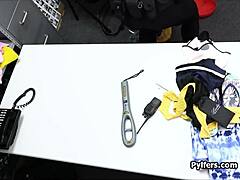 the sexy thief at work gives a pro deep throat and rides the cock interracial.