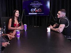 Two brunettes undress him after discussing excitement from recordings and tips for pleasing women