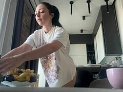 Emotional Rush As Sexy Fit Brunette Handles Housework Without Panties Exposing Shaved Pussy And Big Ass