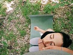 ponytail brunette gets jerked on during forest meditation in pov bts freeuse action. she takes huge facial after face fucking and sucking like a slut.