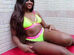 Brazilian ebony returns for second scene sucking cock doggystyle and taking cumshot in her big ass