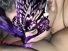 the cuckold watches as the big natural tits latina prostitute in lingerie gets her ass worshiped and licked by the old bbw client