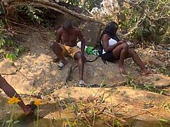 Big Black Cock Babe Bent Over Doggystyle in Riverside Threesome. Mature Ass Sideways Fucking Almost Caught by Fulanis.