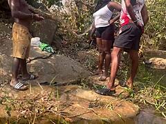 Big Black Cock Babe Bent Over Doggystyle in Riverside Threesome. Mature Ass Sideways Fucking Almost Caught by Fulanis.