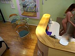 Young redhead Candy Red gets bent over in kitchen by her old step dad for taboo fucking.