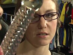 Tiny 18+ blonde teen lesbian with pierced tongue licks shaved pussy of mature girlfriend with glasses in old and young cunilingus.