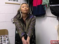 the jacket mishap asia lee kneels for a creamy conclusion.