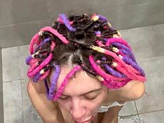 Huge squirt hits after cumshot! Cute neighbor girl eats sperm in shower close-up.