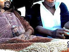 ebony amateur with big tits swallows daddy's cock in car while wearing bear suit