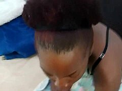 Brunette meets stepbrother for first time, leads to sloppy blowjob in lingerie.