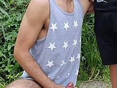 Amateur Exhibitionist Sucks Hung Farmer Outdoors While Friend Films The Public Domination Game