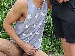 Amateur Exhibitionist Sucks Hung Farmer Outdoors While Friend Films The Public Domination Game