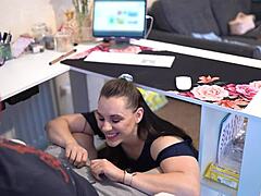 naughty secretary sucks boss off during zoom meeting, cum in mouth... oops, so curvy and cute!