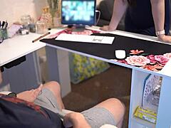 naughty secretary sucks boss off during zoom meeting, cum in mouth... oops, so curvy and cute!