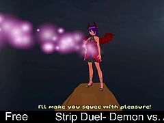 Angel and demon battle in erotic lesbian strip duel, tearing clothes off.