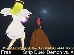 Angel and demon battle in erotic lesbian strip duel, tearing clothes off.