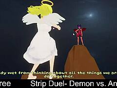 Angel and demon battle in erotic lesbian strip duel, tearing clothes off.