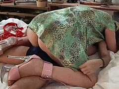 French amateur in satin lingerie and thong gives nasty blowjob, takes doggystyle submissive fucking with ass to mouth, ends in cumshot.