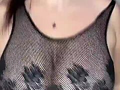 in stockings on the body mesh fucks huge natural tits from above