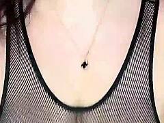 in stockings on the body mesh fucks huge natural tits from above