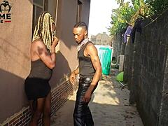 Slutty Neighbor Jasmine Candy Banged Outdoors by Curious Neighbors in Leather