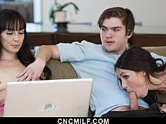 Stepsisters Hire Guy For Laptop Repair, End Up In Hardcore Threesome With Blowjob And Riding