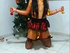 Bound slave gagged and sucking in christmas humiliation!