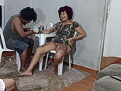 Old BBW amateur with tattoos cheats as cuckold hubby watches her get fucked hard.