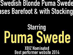 Hey, wanna see Swedish blonde Puma Swede tease barefoot with her big tits and vagina?