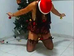 Bound slave gagged and sucking in christmas humiliation!