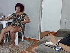 Old BBW amateur with tattoos cheats as cuckold hubby watches her get fucked hard.