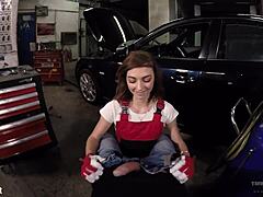 Brunette babe Tera Link receives blowjob and sex from hot car mechanic in POV high definition