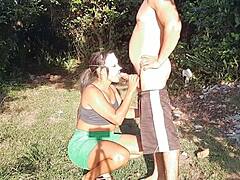 the naughty guy took her into the woods for an intense ebony assfucking session with blowjob and cum