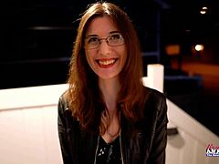 Nerdy brunette Hazel O'Connor deep fingers her pussy and gives blowjob!