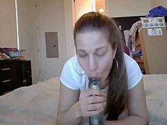 Texas Hottie With Shaved Pussy Doggystyles Dildo On Webcam