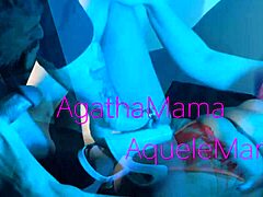 Horny milf gives footjob and sucks cock.