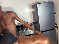 There was a threesome in the kitchen. horny young sister joined fat tattooed stepbrother.