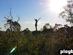 medium tits brunette miluniel louis strips naked outdoor, sexy bubble butt babe loves it