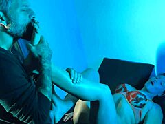 Horny milf gives footjob and sucks cock.