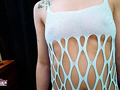 horny slim tattooed brunette mercedez uses dildo on pussy and gives handjob